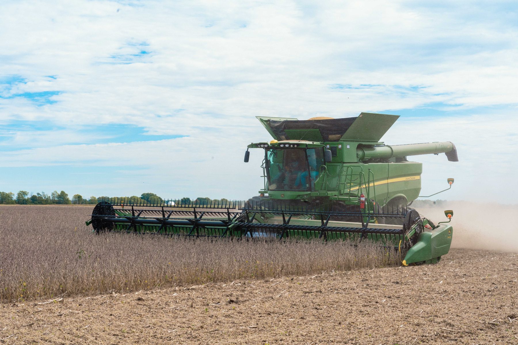 A combine harvesting soybeans under a blue sky